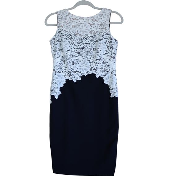 Lauren Ralph Lauren Womens Lace Bodice‎ Dress Petite Size 4P Navy Blue Sheath - Picture 2 of 8
